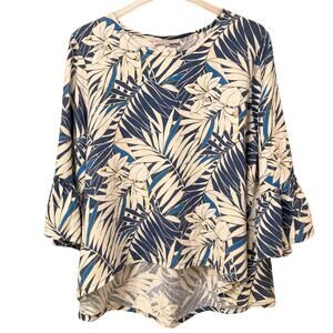 Bryn Walker Fran Lagenlook Italian Linen Tropical Print Bell Sleeve Top Size XL